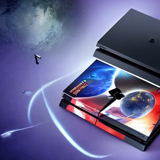 Image similar to a playstation 4 in space wrapped with a ribbon like a present, realistic, detailed, hd photography