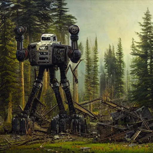 Image similar to a ivan shishkin and simon stalenhag painting of a ruined building and enormous robot