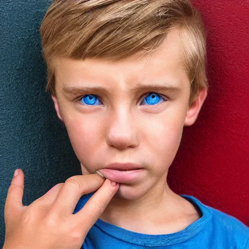 Image similar to portrait of a boy with his hand on his face, extremely realistic and real, photorealistic, blonde hair and blue eyes, detailed facial structure, real eyes that are detailed