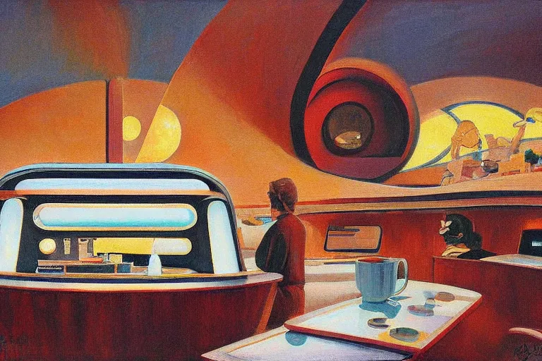 Image similar to coffee shop in a spaceship by robert theodore mccall