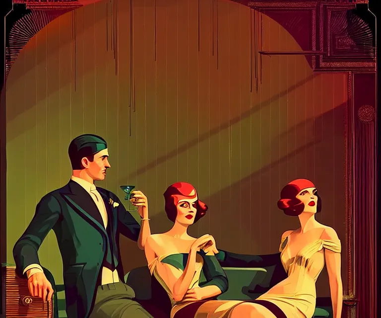 Prompt: a beautiful classy partying couple, dimly lit upscale 1920s speakeasy, relaxed pose, art deco, detailed painterly digital art style by Kilian Eng, retro vibe, 🍸, 8k octane beautifully detailed render, post-processing, extremely hyperdetailed, intricate, epic composition, grim yet sparkling atmosphere, cinematic lighting + masterpiece, trending on artstation, very detailed, vibrant colors, Art Nouveau, masterpiece, romanticism