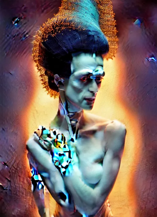 Image similar to high key lighting, portrait of a beautiful gentle futuristic bride of frankenstein, kintsugi, modern fine art, fractal, intricate, elegant, highly detailed, digital photography, subsurface scattering, by jheronimus bosch and greg rutkowski, andy worhol