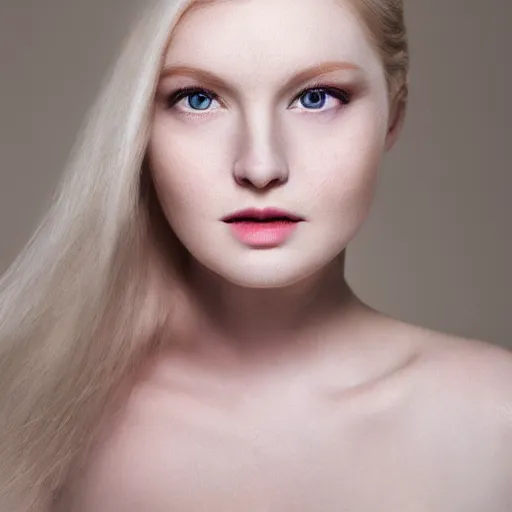 Prompt: woman with porcelain skin, pale eyes, pale pink lips. portrait, high - key, 4 k, photography,