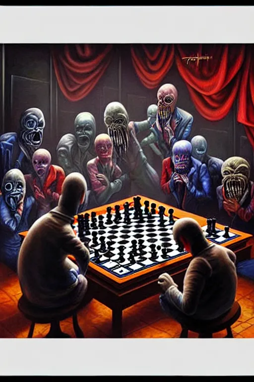 Image similar to a hyperrealistic painting of a game of chess played by nightmare creatures, cinematic horror by jimmy alonzo, the art of skinner, highly detailed, vivid color,