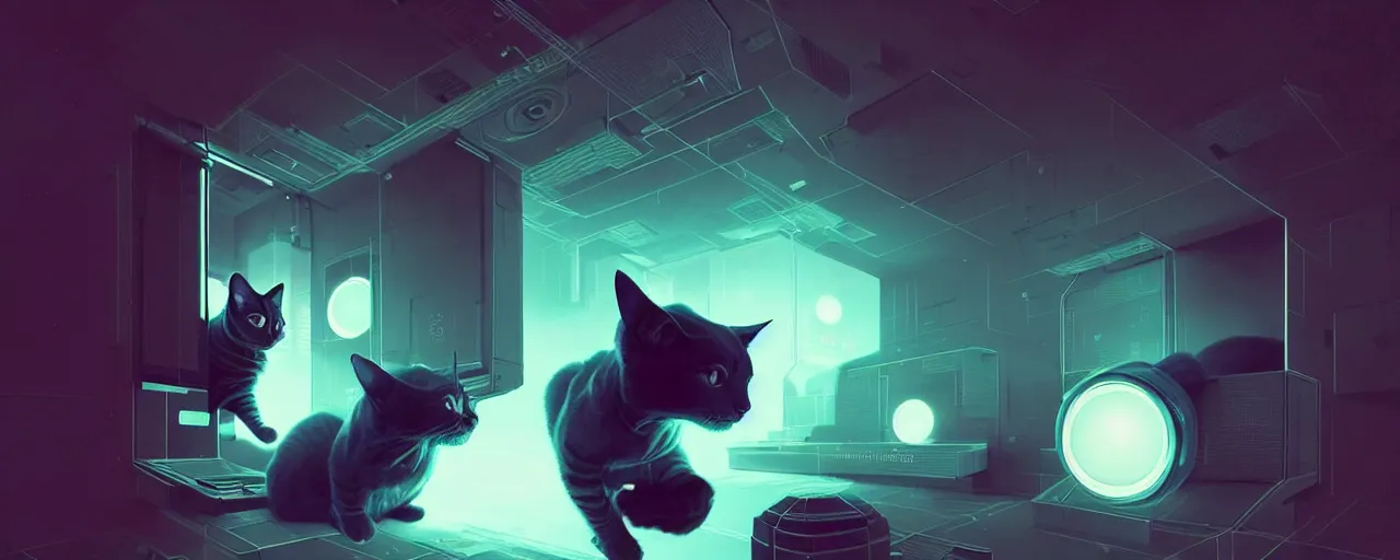 Image similar to duotone noir scifi concept dynamic illustration of 3 d mesh of cat inside box zero gravity glowing 3 d mesh quantum portals, glowing eyes, octane render, surreal atmosphere, volumetric lighting. accidental renaissance. by sachin teng and sergey kolesov and ruan jia and heng z. graffiti art, scifi, fantasy, hyper detailed. trending on artstation