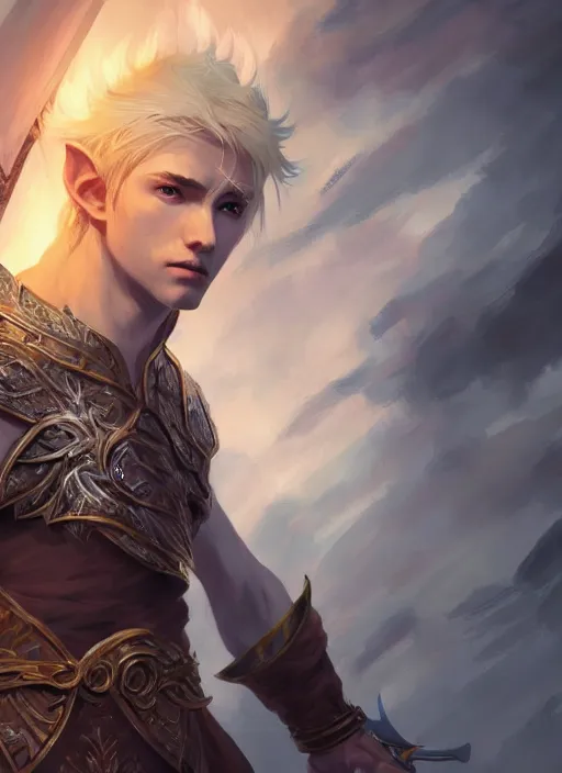 Image similar to Half-body portrait an elven princes with blonde hair and giant sword. In style of Hyung-tae Kim and Greg Rutkowski, concept art, trending on ArtStation, Korean MMORPG, over-detailed art, 8K, epic, dynamic lightning, dramatic pose.