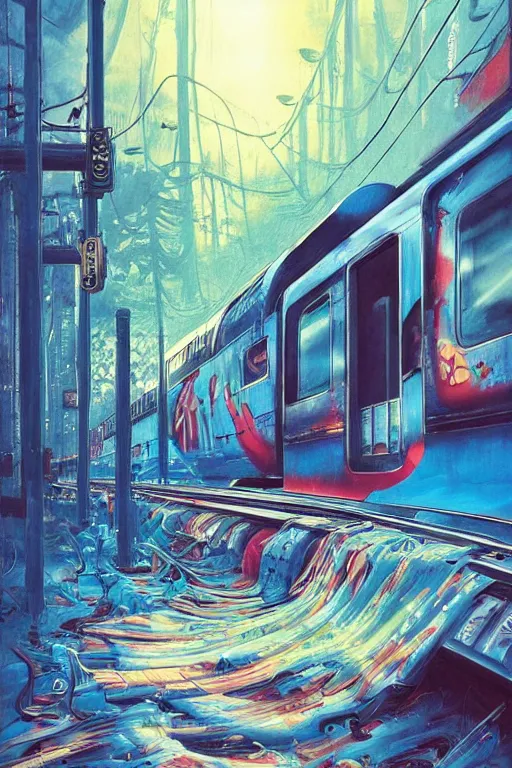 Image similar to trains covered in dripping graffiti paint, painterly, james jean, yoshitaka amano, hiroshi yoshida, moebius, loish, artgerm, painterly, symmetrical, ultra detailed, hyper realistic, illustration, sunset lighting