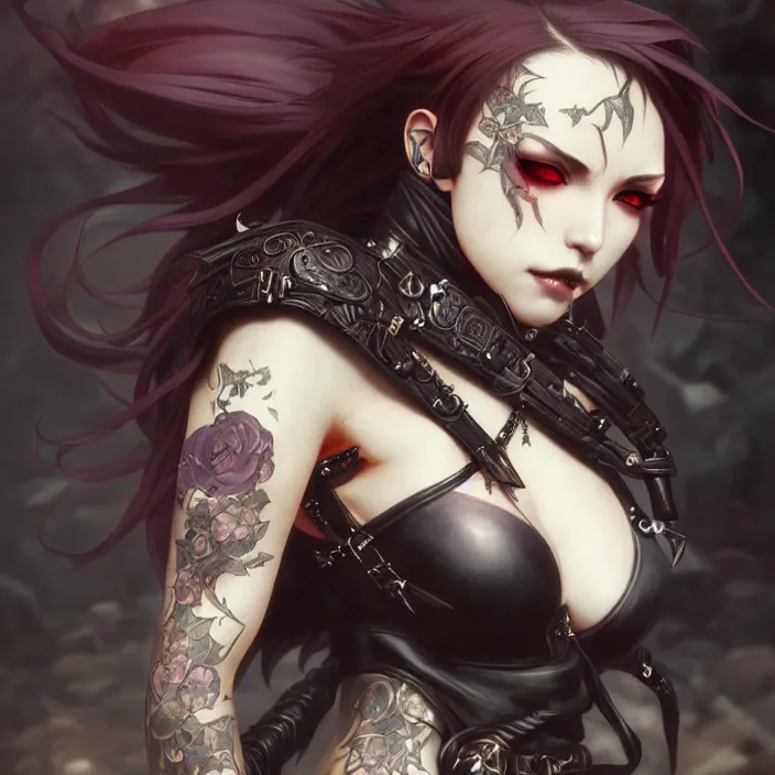 Image similar to anime female, fangs, goth, tattoos, leather, fantasy, intricate details, eerie, highly detailed, octane render, 8 k, art by artgerm and alphonse mucha and greg rutkowski