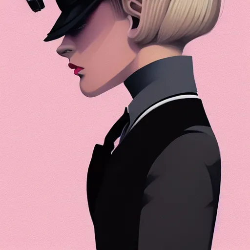 Image similar to young british special ops female in black tuxedo, muted colors, matte print, pastel colors, 2d, ultra highly detailed, smooth, sharp focus, digital art, digital painting, fan art, elegant, artstation, head is centered, by Ilya Kuvshinov