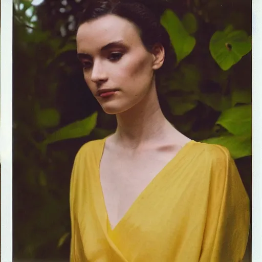 Prompt: head to shoulder portrait Polaroid film photograph of an elegant top model wearing a yellow kimono with a very detailed barn owl on her shoulder!!! in a tropical greenhouse. looking at the camera!!. super resolution. Polaroid 600 film. art by Alessio albi and john william waterhouse and John Singer Sargent.