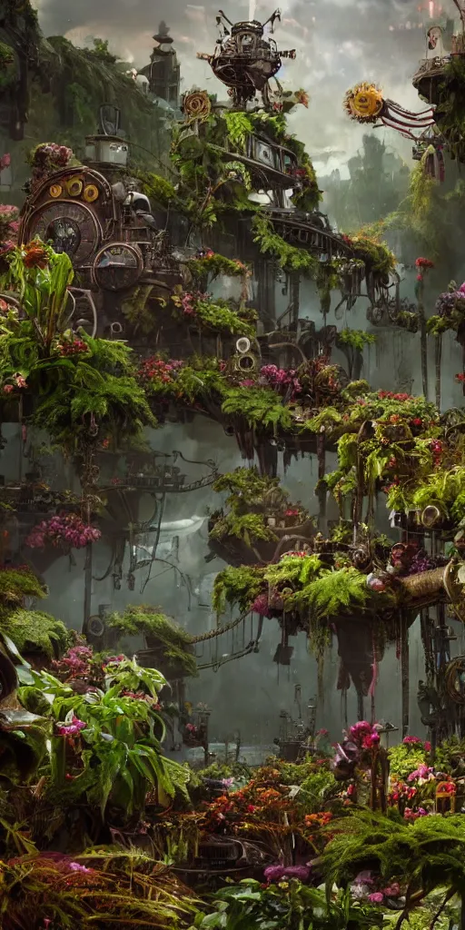 Image similar to alien tech flowers on steampunk land by pixar, smooth, cinematic, wet reflections, ray tracing x, rtx, smooth