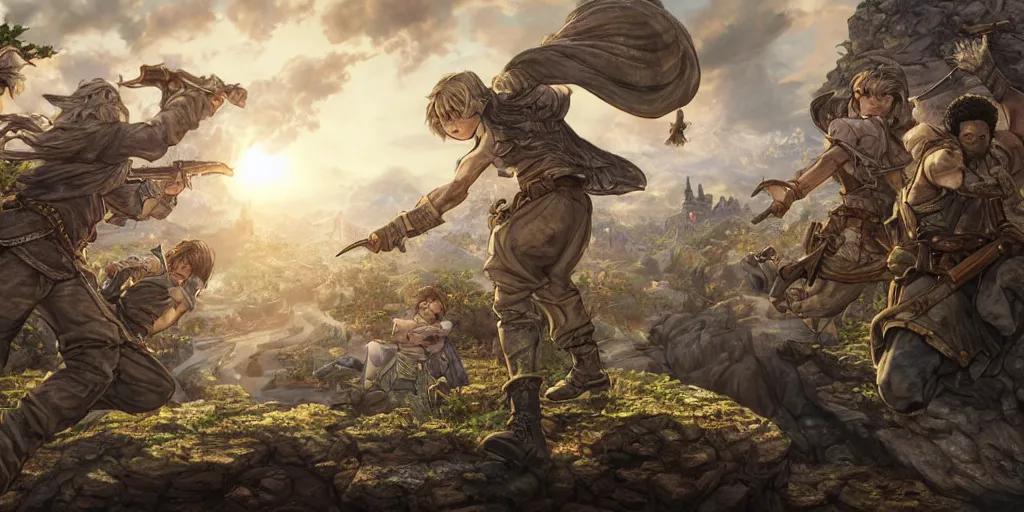 Prompt: now is the time to lift our nation from the quicksands of racial injustice to the solid rock of brotherhood. ultrafine highly detailed colorful illustration, intricate linework, sharp focus, octopath traveler, final fantasy, unreal engine highly rendered, global illumination, radiant light, intricate environment