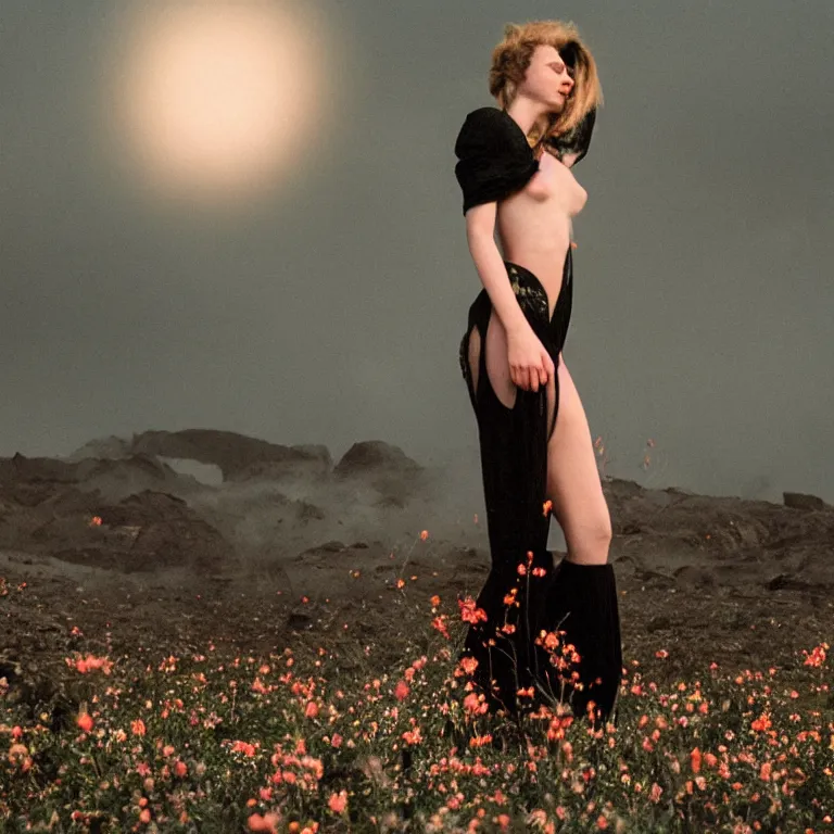 Image similar to The full body shot of beautiful pale woman with many flowers and full-face black mask inside a thick cloud black smoke in rocky desert landscape, glowing eyes, falling star on the horizon by Gaspar Noe, Alejandro Jodorowsky and Christopher Doyle, anamorphic lens, anamorphic lens flares, kodakchrome, cinematic composition, award winning photo, 8k