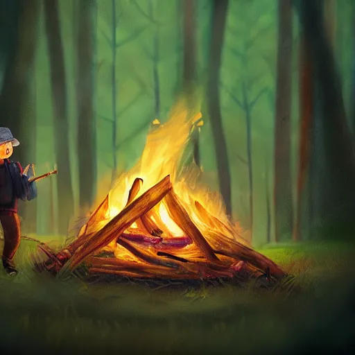 Image similar to beautiful close up, zoom up campfire in the woods at night, warmth, green screen, ( ( people ) ), ( ( person ) ), stylized, artgerm, artstation, hd, cgsociety, cgi, realistic, dramatic, cinematic, artistic, trending, detailed