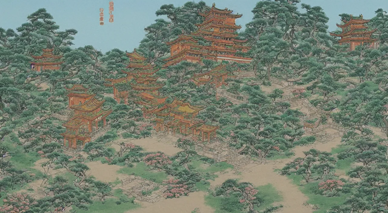 Image similar to a beautiful painting of a singular ancient Chinese palace, with a garden, in the style of anime, by Studio Ghibli