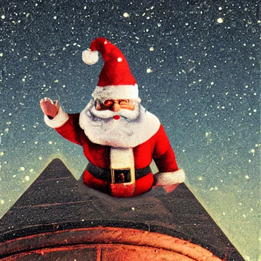 Prompt: a grainy realistic photograph of santa ontop of a rooftop climbing down a chimney at night, shot on an old polaroid camera, grainy vhs texture 4 k, realistic, unreal engine 5, sharp details, 3 0 0 dpi