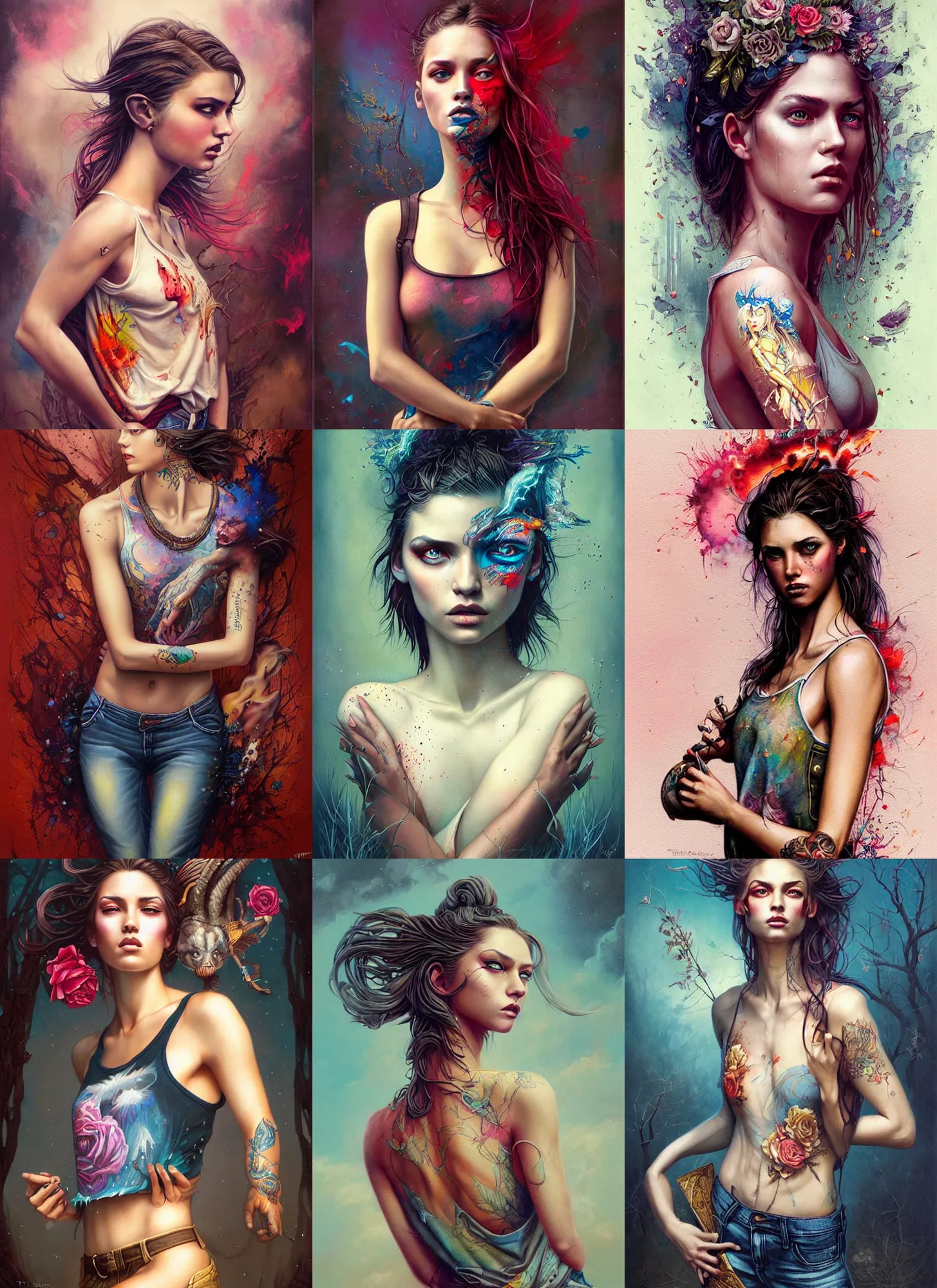 Prompt: a fantasy portrait painting of a beautiful girl wearing a tanktop and jeans, art by Tristan Eaton, Stanley Artgerm, Tom Bagshaw, Greg Rutkowski, Carne Griffiths