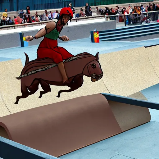 Prompt: roman chariot racing high jump in a skate park half-pipe, video game cover