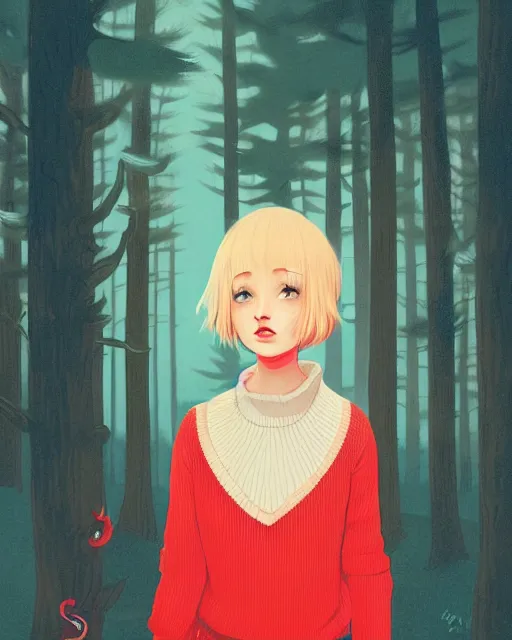 Prompt: digital illustration of pretty girl sabrina with short blonde hair wearing a sweater, from alice in wonderland, smoking, in a wonderland forest at night, by ilya kuvshinov, lois van baarle, rossdraws, basquiat