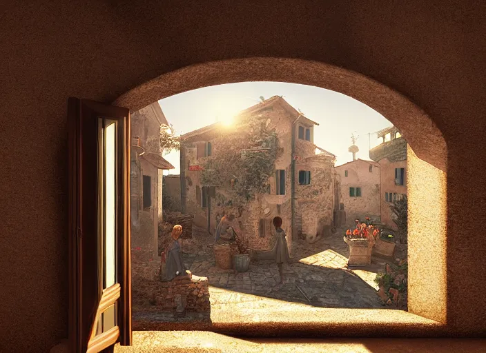 Image similar to seen through a window, italian village, by ilya kuvshinov, rtx rendering, octane render 1 2 8 k, maya, extreme high intricate details by tom bagshaw, composition by sana takeda, lighting by greg rutkowski