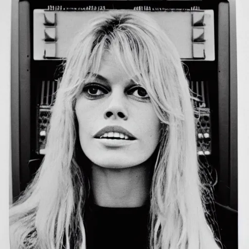 Prompt: stunning symmetrical portrait of beautiful smiling brigitte bardot in front of a tall synthesizer music studio, high contrast grainy blank and white photography print ilford warm tone, huge modular synthesizer moog