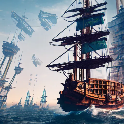 Image similar to high quality photo of a pirate ship in a cyberpunk cyberpunk cyberpunk city, realism, 8k, award winning photo