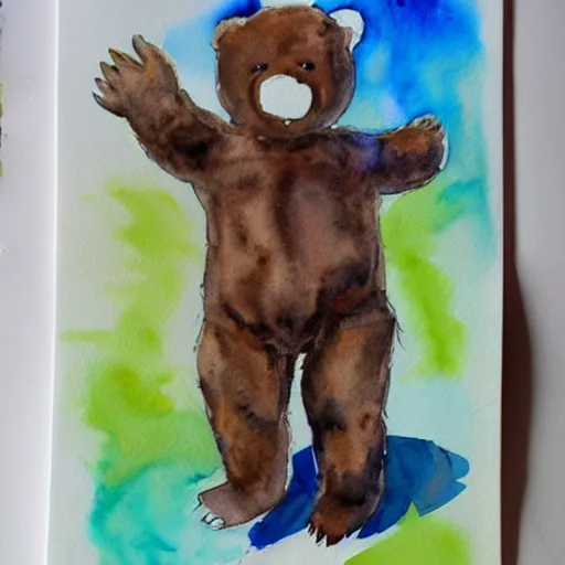 Prompt: man transforming into teddy bear afraid fear watercolor children's illustration