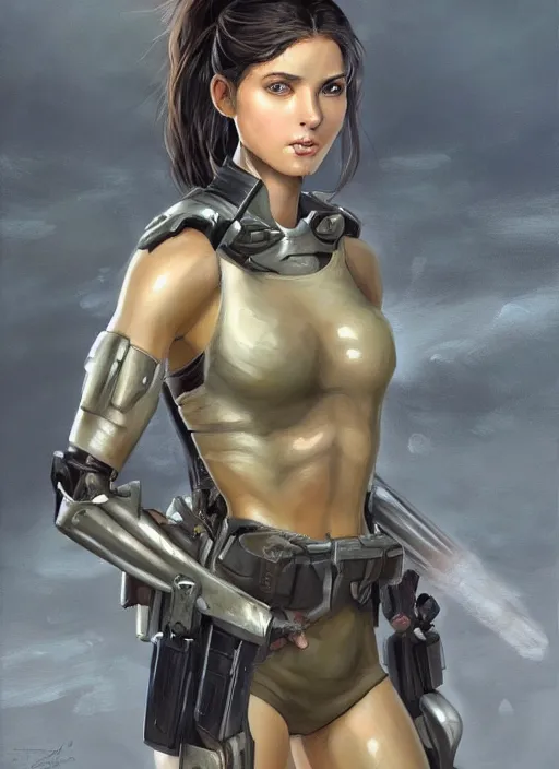 Image similar to a professionally painting of an attractive young girl, partially clothed in sci-fi military armor, olive skin, long dark hair, beautiful bone structure, perfectly proportioned, symmetrical facial features, intricate, elegant, heroic pose, digital painting, concept art, smooth, sharp focus, finely detailed, beautifully framed, from Metal Gear, in the style of Greg Rutkowski and William-Adolphe Bouguerea, trending on Artstation, award winning