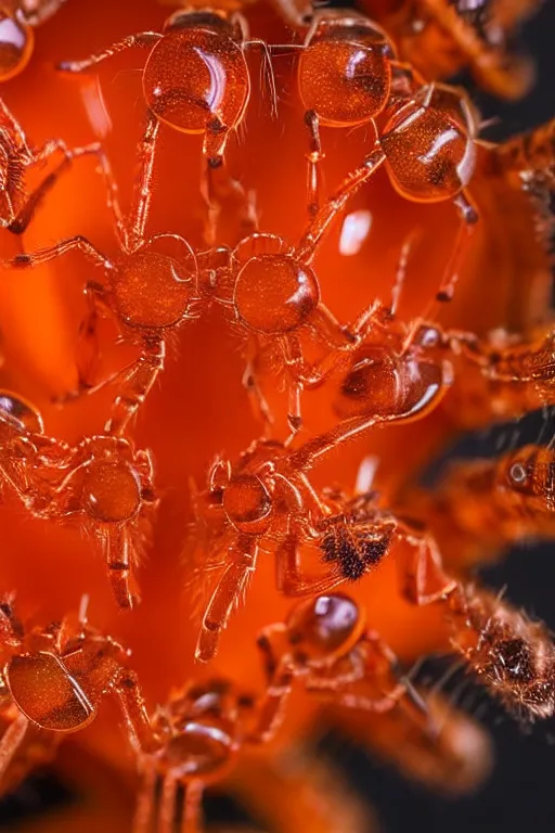 Image similar to high quality close-up photo translucent gelatinous spiders! gorgeous highly detailed hannah yata elson peter cinematic orange lighting high quality low angle hd 8k sharp shallow depth of field