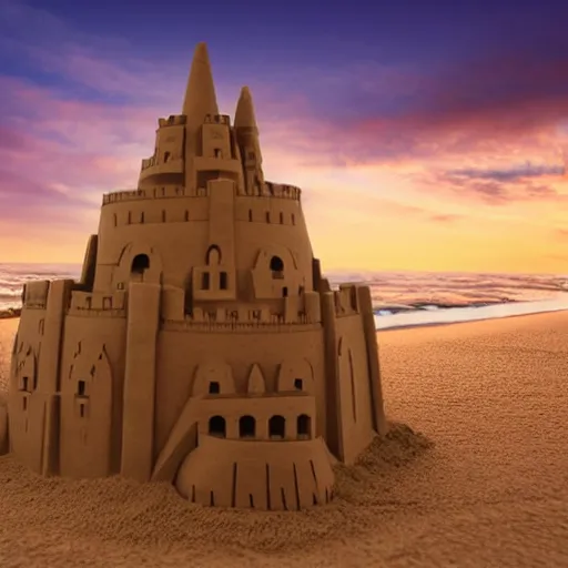 Image similar to enormous sand castle at sunset in the beach, photorealistic