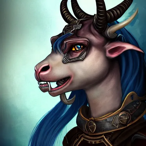 Prompt: illustrated realistic portrait female ram-horned kobold with asymmetric short haircut blue hair with dark eyes wearing strap leather armor by rossdraws