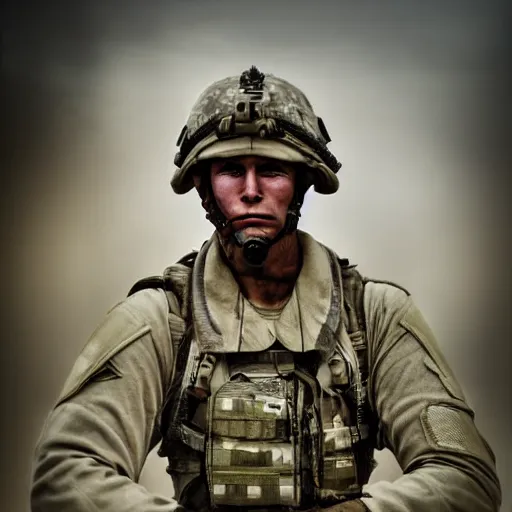 Prompt: soldier!!!!! portrait!!!!! pain, eyes, shoulders, sadness, soft focus, photography