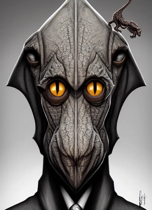 Prompt: anthropomorphic triangle head in edgy darkiron mr. bean, intricate, elegant, highly detailed animal monster, digital painting, artstation, concept art, smooth, sharp focus, illustration, art by artgerm, richard corben, wayne barlowe, trending on artstation and greg rutkowski and alphonse mucha, 8 k