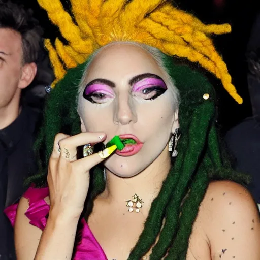 Prompt: lady gaga as a rastafari smoking a joint