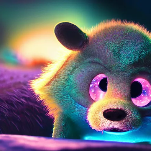 Image similar to tiny furry creature, round, micro - organisms, center, symmetric, rim light, tilt - shift, marine microbiology, bioluminescence, electric, fur, soft, concept art, intricate details, highly detailed, colorful, photorealistic, disney pixar, octane render, iridescent, anime, 8 k