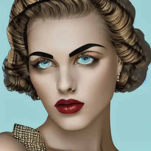 Prompt: close up of face of female fashion model, art - deco style, beige colors, highly detailed