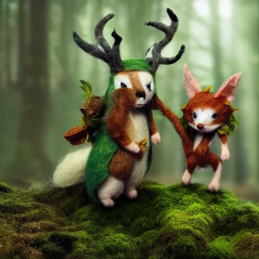 Prompt: two fantasy woodland animals in dynamic poses, made of felt and cloth and beads, in a lush magical forest with tall trees and moss, felting, haunting and spooky, cinematic lighting