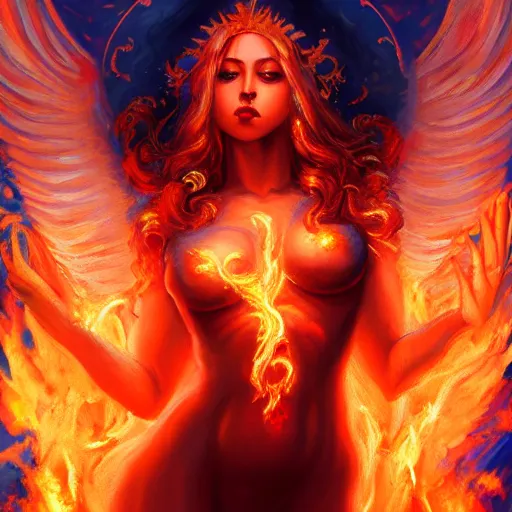 Image similar to A beautiful painting of a goddess with a body made of flames, fantasy, UHD, Trending on artstation.