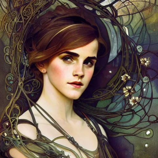 Prompt: realistic detailed portrait of a fully clothed yyoung emma watson by alphonse mucha, charlie bowater, art nouveau cyberpunk! style, mechanical accents!, flowing wires with leaves, rich deep moody colors