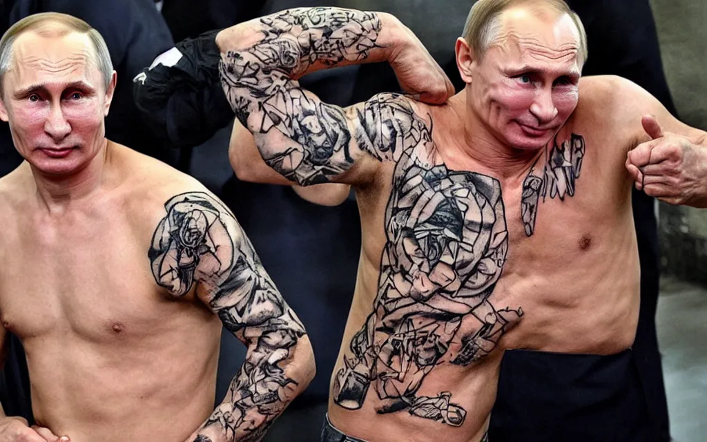 Prompt: famous photo of vladimir putin with torso covered with criminal tattoo photo dy journalists