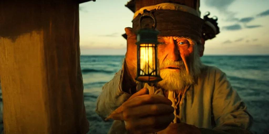 Image similar to film still of closeup old man holding up lantern by his beach hut at night. pirate ship in the ocean by emmanuel lubezki