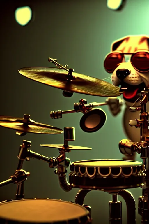 Image similar to high quality 3 d render very cute cyborg beagle plays drums!, cyberpunk highly detailed, unreal engine cinematic smooth, in the style of blade runner & pixar, hannah yata charlie immer, moody light, low angle, uhd 8 k, sharp focus