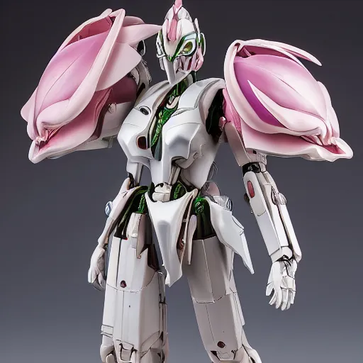 Image similar to futuristic nymphaea themed mecha waterlily upper body, sepals forming helmet, highly detailed, nymphaea, 8 k hd resolution, barbatos gundam with floral inlay, bandai box art, star wars, makoto kobayashi, frank gehry, raymond swanland