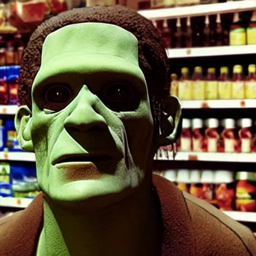 Image similar to foto of frankenstein in the grocery store, restored color, 4 k