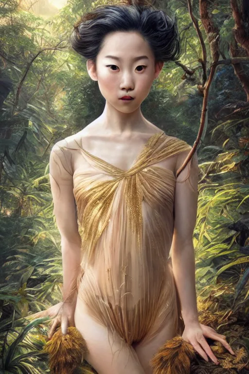 Image similar to stunningly beautiful, asian prima ballerina in jungle, symmetrical face, golden hour, smooth, focus, highly detailed, hyper realistic, dramatic lighting, elegant, intricate, concept art, art by wlop, mars ravelo, greg rutowski