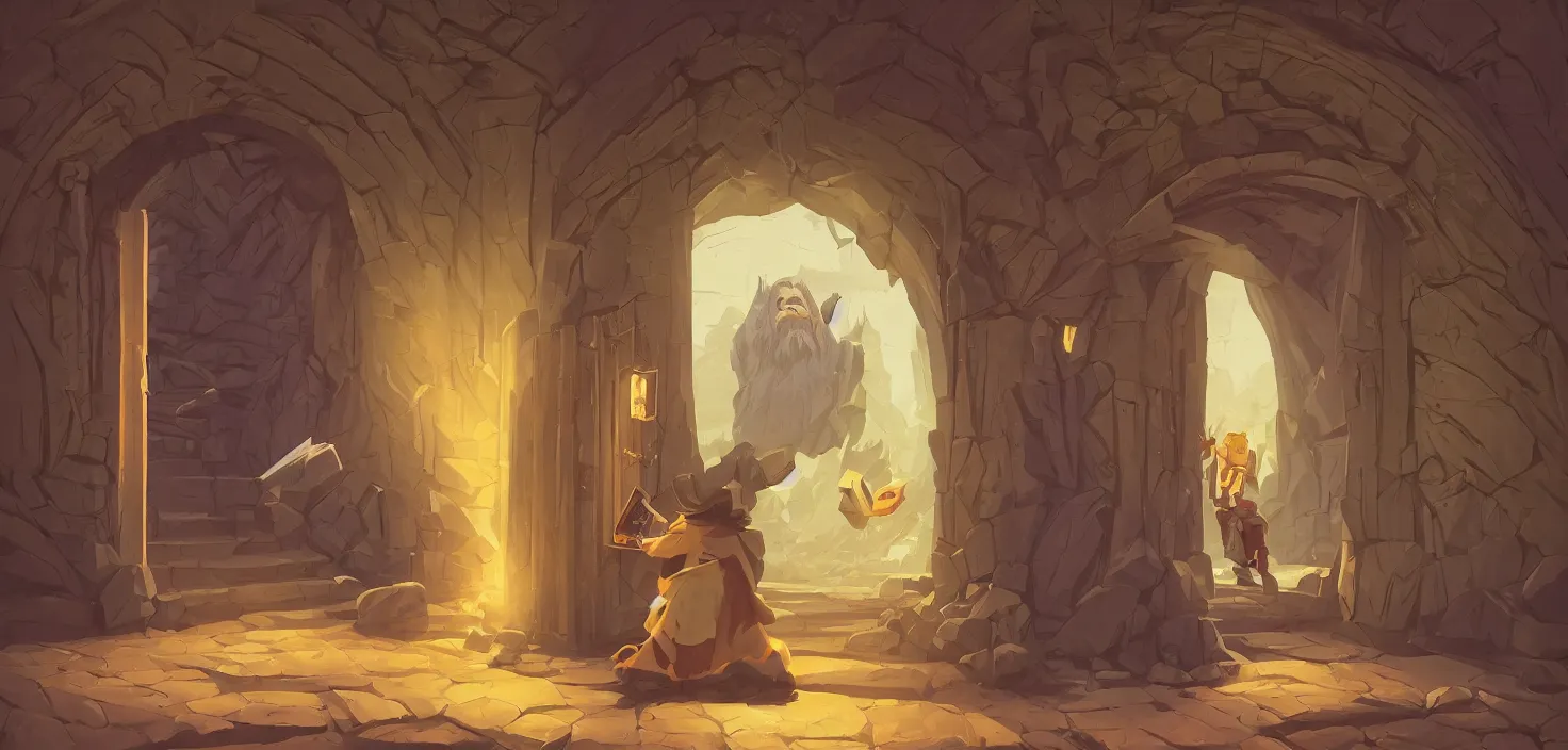 Image similar to old wizard holding a book standing in front of an elaborate wooden door. cracked stone steps lead up to the door., icon vector minimalist warcraft, loftis, cory behance hd by jesper ejsing, by rhads, makoto shinkai and lois van baarle, ilya kuvshinov, rossdraws global illumination