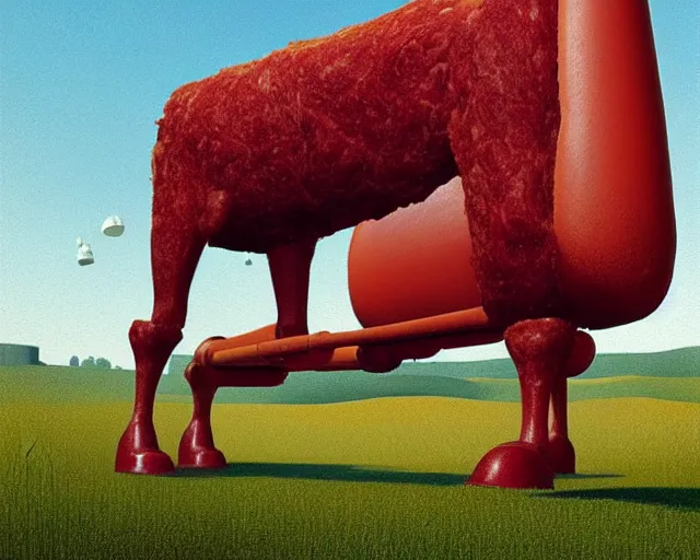 Prompt: Anthropomorphic Animatronic walking beef machine made of meat, painting by Grant Wood, 3D rendering by Beeple, directed by Wim Wenders, cinematography by Robby Müller