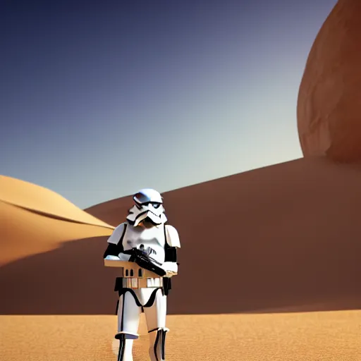 Image similar to innovative avant-garde art, deco fashion, stormtrooper, highly detailed, photorealistic portrait, serene desert setting, golden hour, crisp quality and light reflections, unreal engine 5 quality render