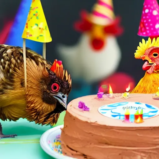 Image similar to a hatchling chick and a rooster together next to a birthday cake having 3 candles