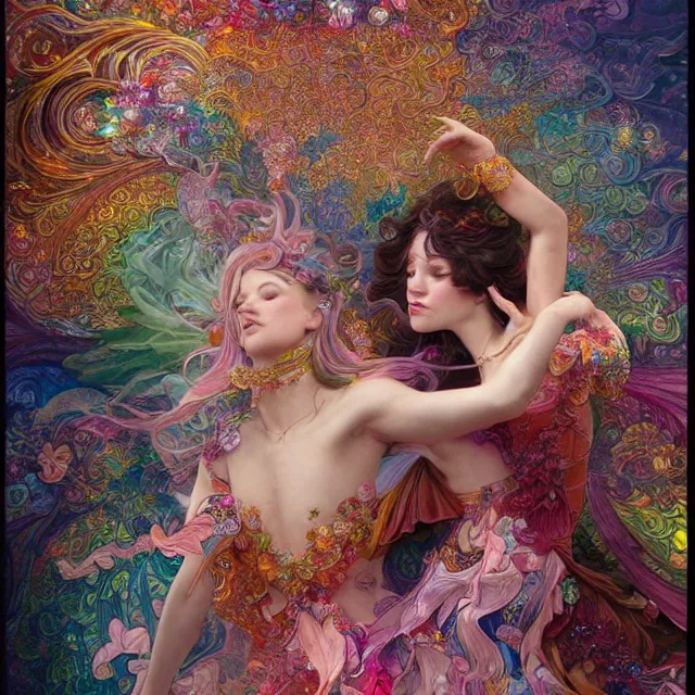 Prompt: two beautiful women dancing together fractal gems, fractal crystals, very intricate, hyper realistic, octane render, very colorful, vibrant, cinematic, amazing details, by james jean, by brian froud, by ross tran, by alphonse mucha